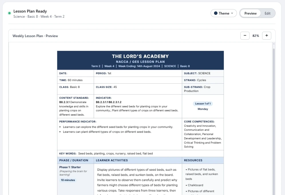 AI Lesson Planner showing a completed NaCCA-aligned weekly lesson plan for Basic 8 Science, ready to preview and print